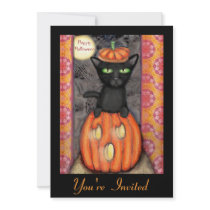 Custom Black Cat Halloween Party Invitation by jamiecreates1 Custom Black Cat Halloween Party Invitation