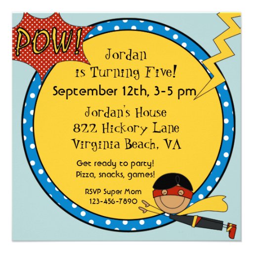 Custom Black Hair Boy Super Hero Birthday Invites