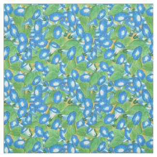 Custom Blue Morning Glory Pattern on Golden Yellow Fabric