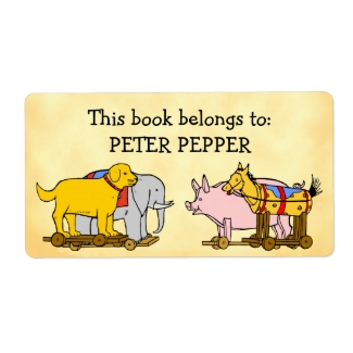 Custom Bookplate Vintage Toy Dog, Horse and Pig