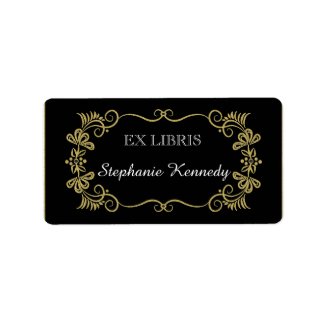 Custom Bookplates | Gold Floral Frame On Black Address Label