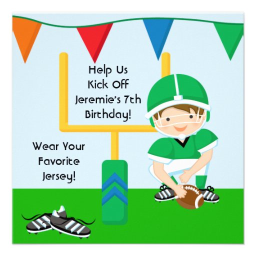 Custom Boy in Green Football Birthday Invitation