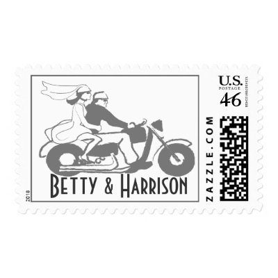 Custom bride and groom wedding motorcycle postage stamp