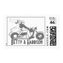 Custom bride and groom wedding motorcycle postage stamp