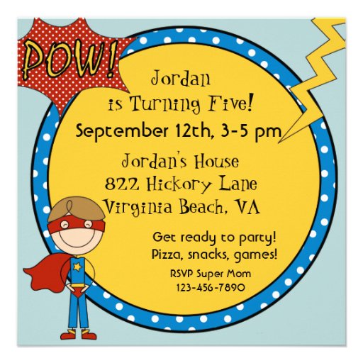 Custom Brown Hair Boy Super Hero Birthday Invites