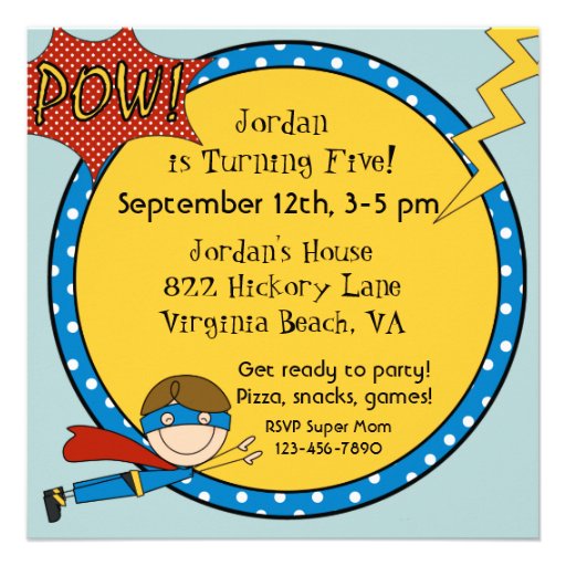 Custom Brown Hair Boy Super Hero Birthday Invites