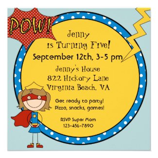 Custom Brunette Girl Super Hero Birthday Invites