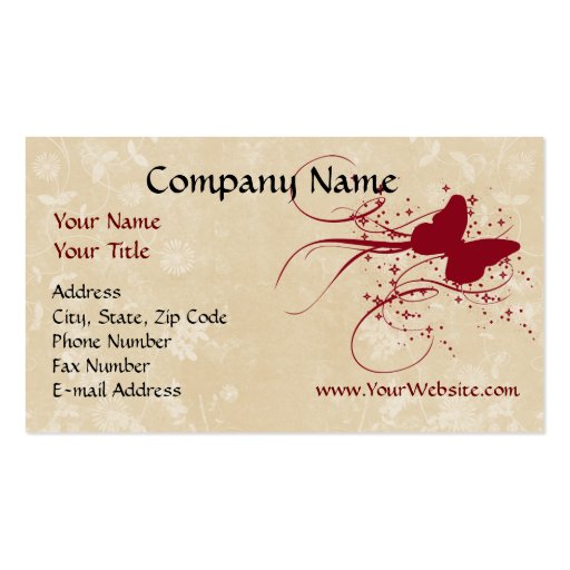 Custom Business Card, Red Cream Butterfly Design (front side)