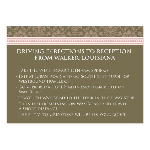 :custom: Chocolate/Pink Damask 3.5x2.5" Reception Business Card (front side)