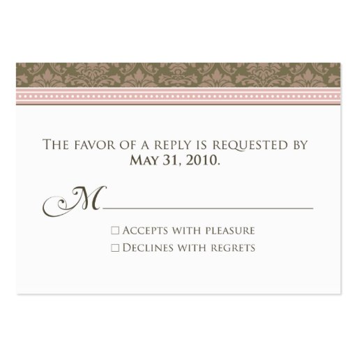 :custom: Chocolate/Pink Damask 3.5x2.5" RSVP Business Card Templates (front side)