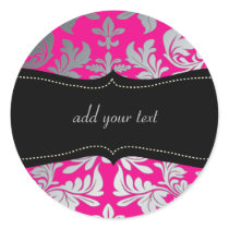 Custom Color/Faux silver baroque damask hot pink Round Stickers