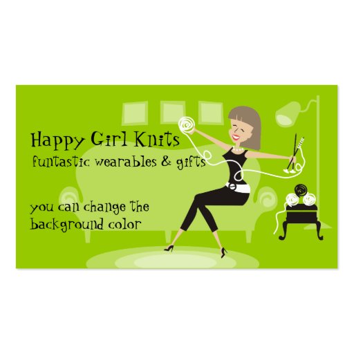 Custom color happy girl knitting needles yarn business card (front side)
