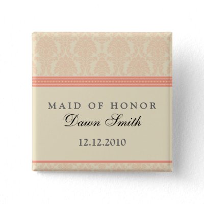 :custom: Coral/Cream Damask Bridal Badge Button