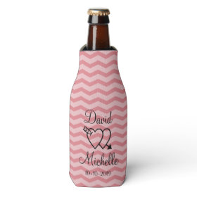 Custom coral pink chevron wedding bottle coolers bottle cooler
