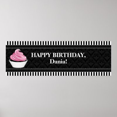 CUSTOM Cupcake and Damask Birthday Banner Poster