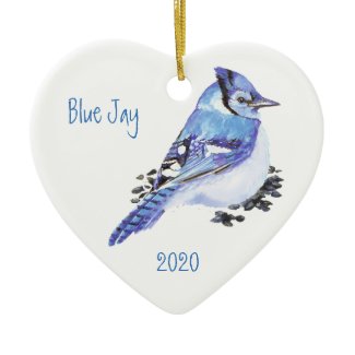 Custom Dated Blue Jay Bird Watercolor Art Double-Sided Heart Ceramic Christmas Ornament