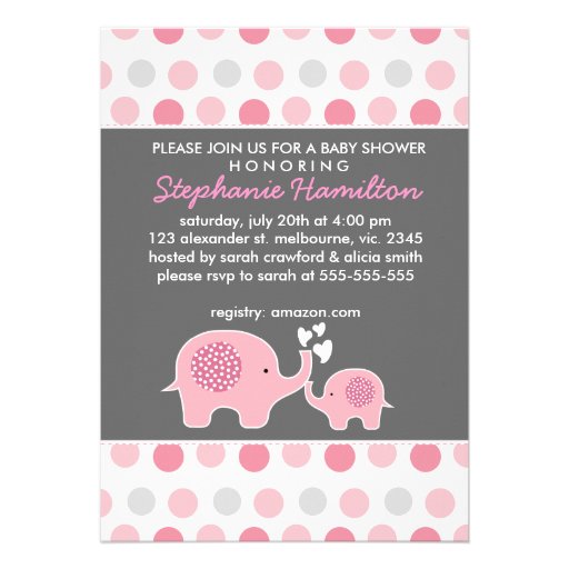 Custom elephant polka dots baby girl shower custom invitations
