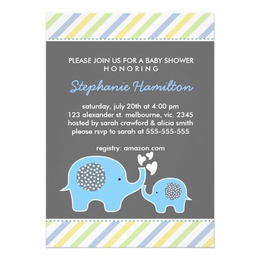 Custom elephant stripes baby boy shower invitation