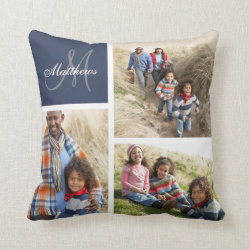 Custom Family Monogram Blue Photo Collage Pillow