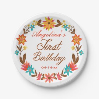 Custom Floral Wreath 1st Birthday Paper Plate 7 Inch Paper Plate