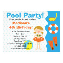 Custom Girl Birthday Pool Party Announcements