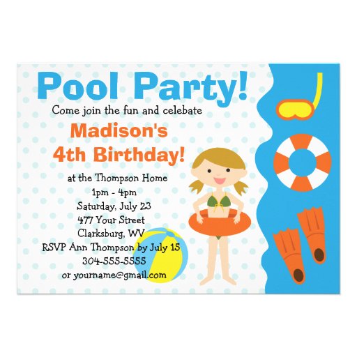 Custom Girl Birthday Pool Party Announcements