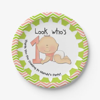 Custom Girl Look Who's 1 1st Birthday Paper Plate 7 Inch Paper Plate