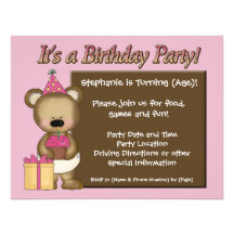 Custom Girl's Birthday Party, Pink Bear Cupcake Custom Invite