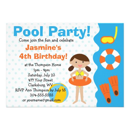 Custom Girl's Birthday Pool Party Personalized Invites