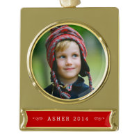 Custom Gold & Red Photo Ornament Gold Plated Banner Ornament