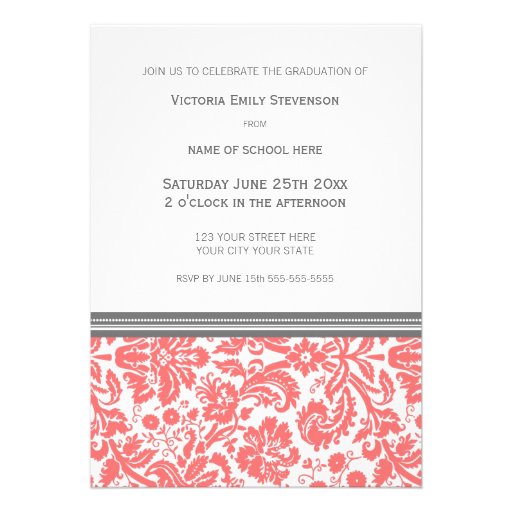 Custom Graduation Party Invitation Coral Gray