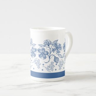 Custom Indigo Blue Floral Border Bone China Mug Tea Cup