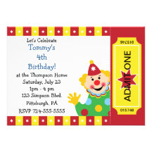 Custom Kids Clown Birthday Party Invitations