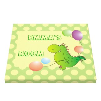 Custom Kids Name Cute Green Dragon Canvas Print