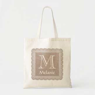 Custom Monogram and Name Burlap Lace V02 Tote Bag