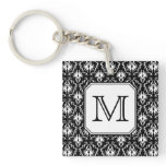 Custom Monogram. Black and White Damask Pattern. key chains