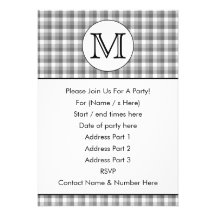 Custom Monogram. Black and White with Gray Check. Invite