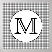 Custom Monogram. Black and White with Gray Check. Posters