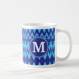 Custom Monogram Bold Blue Tribal Chevron Pattern Mugs