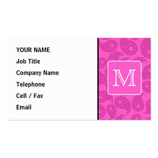 Custom Monogram. Bright Pink Paisley Pattern. Business Card Template (front side)