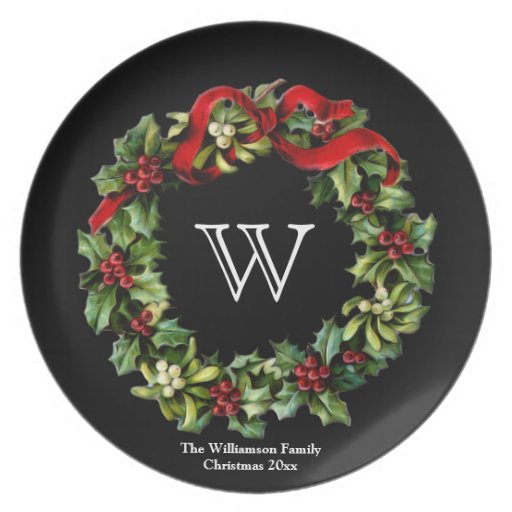 Custom Monogram Christmas Holiday Wreath Plate