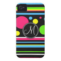 Custom Monogram Colorful Neon Stripes Polka Dots Case-Mate iPhone 4 Case