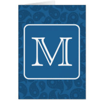 Custom Monogram. Dark Blue Paisley Pattern. Greeting Cards