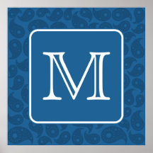 Custom Monogram. Dark Blue Paisley Pattern. Print