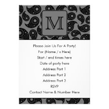 Custom Monogram. Gray and Black Paisley Pattern. Custom Announcements
