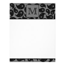 Custom Monogram. Gray and Black Paisley Pattern. Letterhead Template