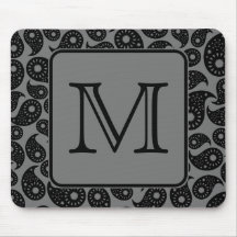 Custom Monogram. Gray and Black Paisley Pattern. Mousepads