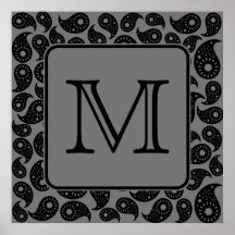 Custom Monogram. Gray and Black Paisley Pattern. Poster