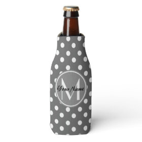 Custom Monogram Gray and White Polka Dots Pattern Bottle Cooler