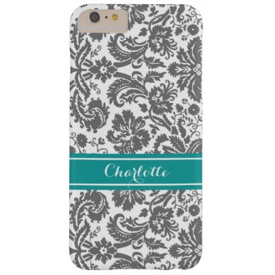 Custom Monogram Grey Teal Damask Barely There iPhone 6 Plus Case